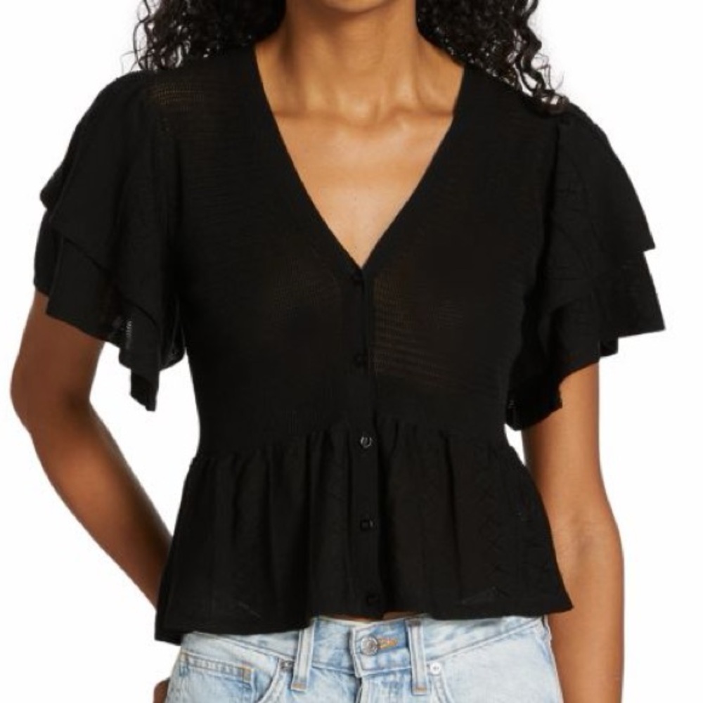 ba&sh Acacio Pointelle Black Ruffle Blouse - Picture 1 of 8